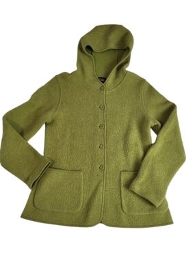 Eileen Fisher Lambswool Cardigan Hoodie Button Lime Green Jacket Warm Size XS